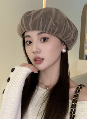 秋冬新款网纱pu皮贝雷帽子女韩版百搭显脸小时尚画家帽休闲南瓜帽