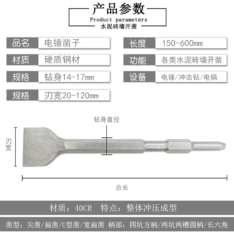 电锤凿子尖凿扁凿U型铲子加长方柄圆柄电镐长六角砖墙混泥土开凿 - 图0