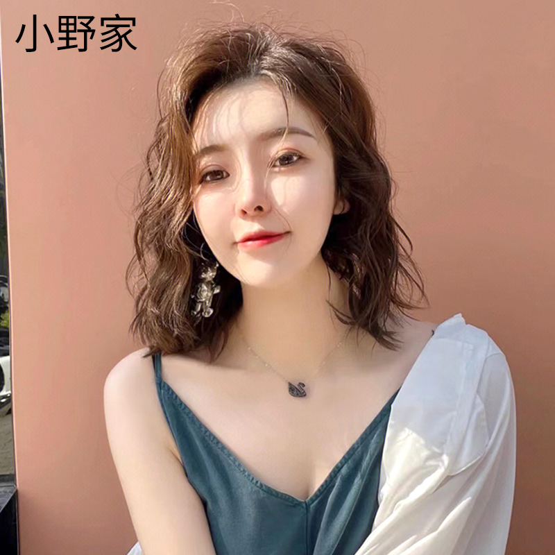 小野家假发女短发纹理烫蓬松自然圆脸羊毛卷短卷发真人发丝全头套 - 图0