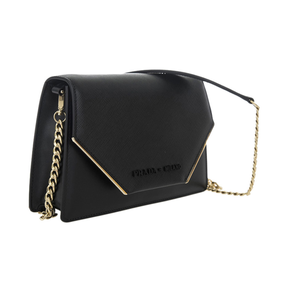 prada女士黑色新款翻盖按扣链条包 奢批海外女士包袋