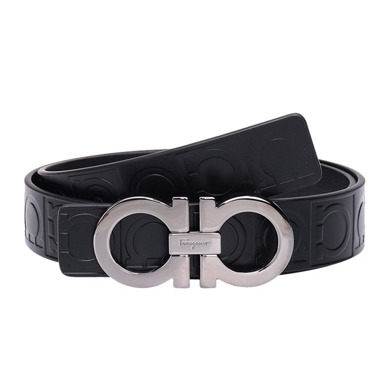 ferragamo/菲拉格慕 男士黑色牛皮压花logo商务休闲板扣腰带皮带