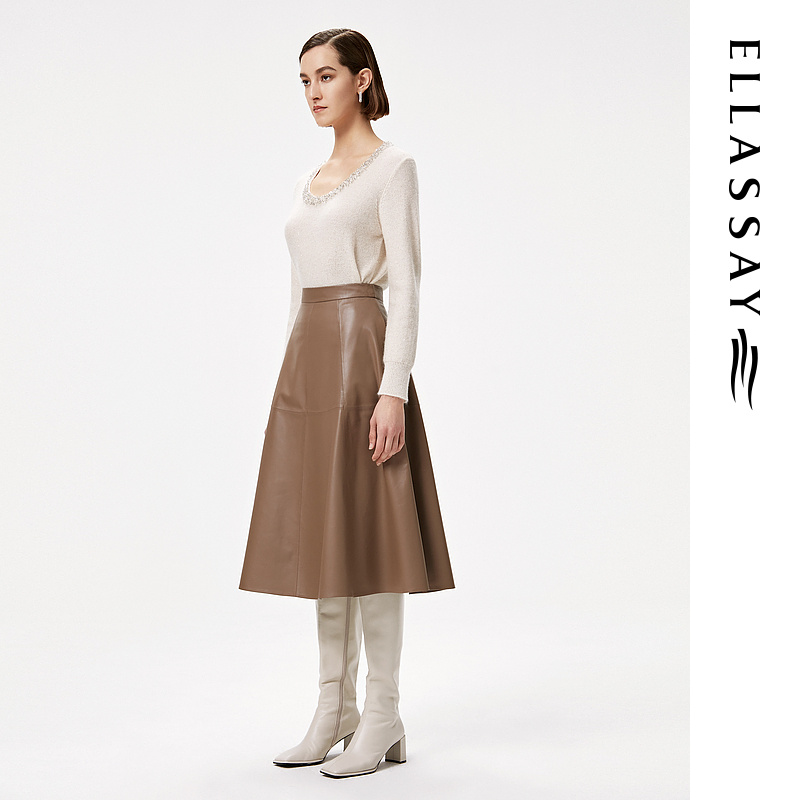ELLASSAY歌力思冬季新款几何拼接下摆中长款皮裙女EWF324X00600 - 图0