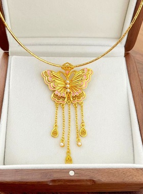 花丝烧蓝蝴蝶沙金项圈点钻流苏项链女仿真黄金色珐琅吊坠颈锁骨链