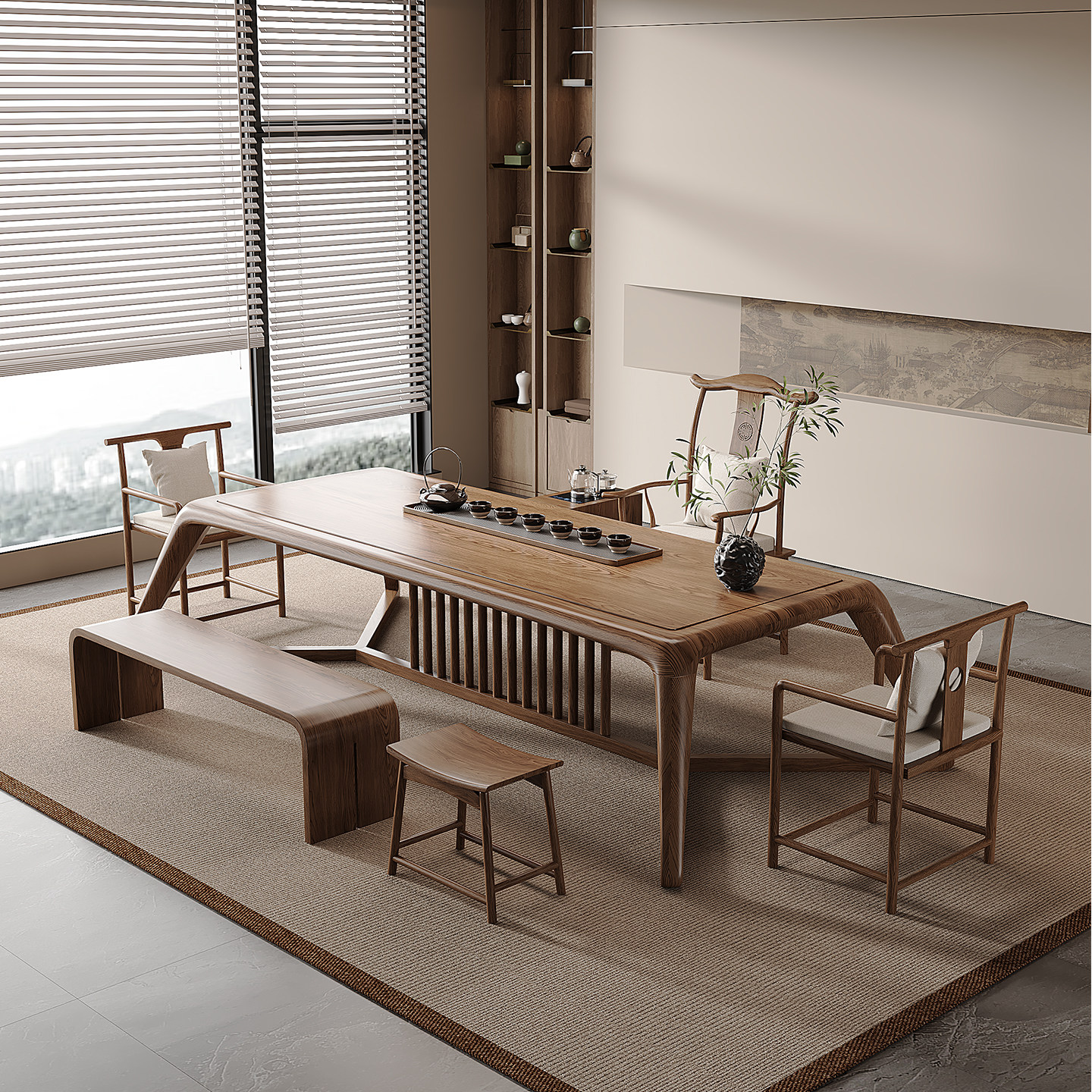 新中式实木茶桌书桌一体两用宋代美学禅意茶室家用办公室接待茶台,淘宝优惠券,粉丝福利购,淘宝优惠卷