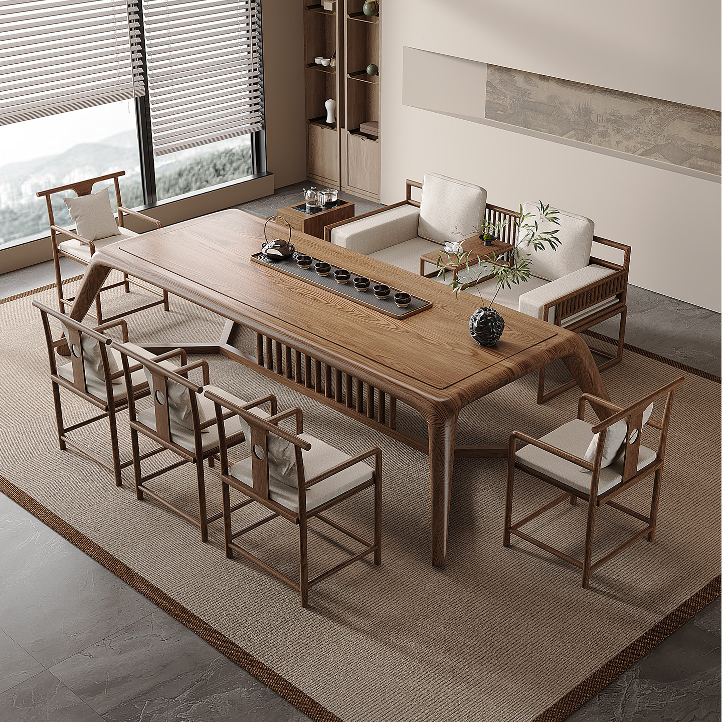 新中式实木茶桌书桌一体两用宋代美学禅意茶室家用办公室接待茶台,淘宝优惠券,粉丝福利购,淘宝优惠卷