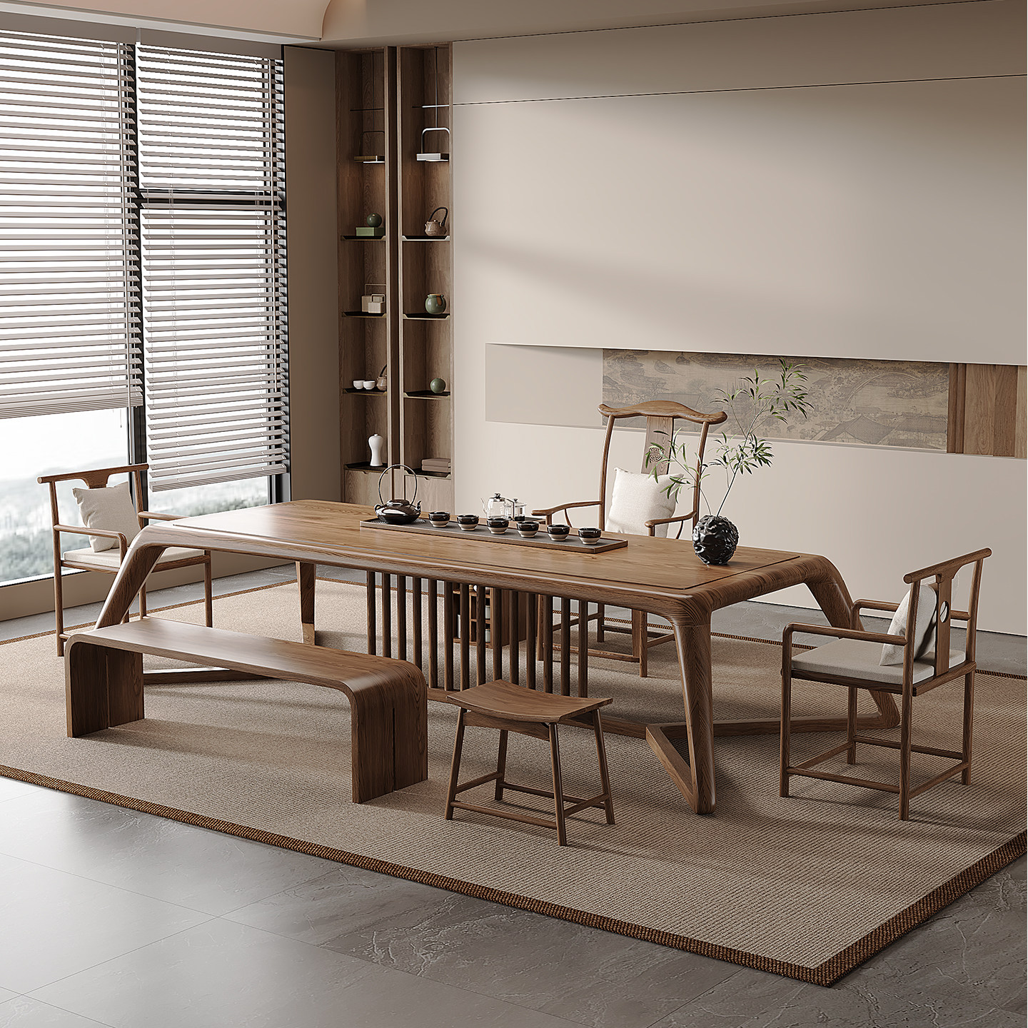 新中式实木茶桌书桌一体两用宋代美学禅意茶室家用办公室接待茶台,淘宝优惠券,粉丝福利购,淘宝优惠卷