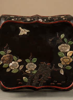 清代黑漆百宝嵌花鸟纹高束腰三弯腿带托泥香几摆件古董漆器摆件