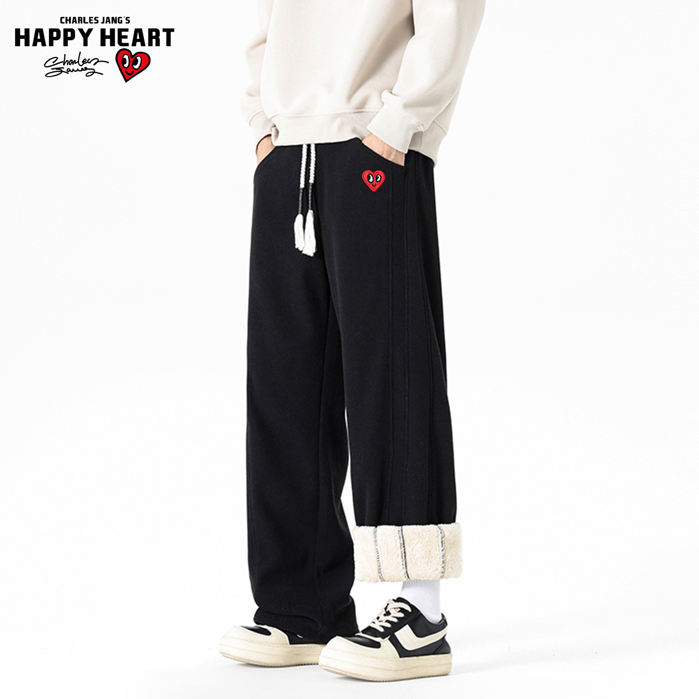 查尔斯桃心慵懒华夫格棉服男冬季2025新款加绒加厚羊羔绒休闲长裤,淘宝优惠券,粉丝福利购,淘宝优惠卷