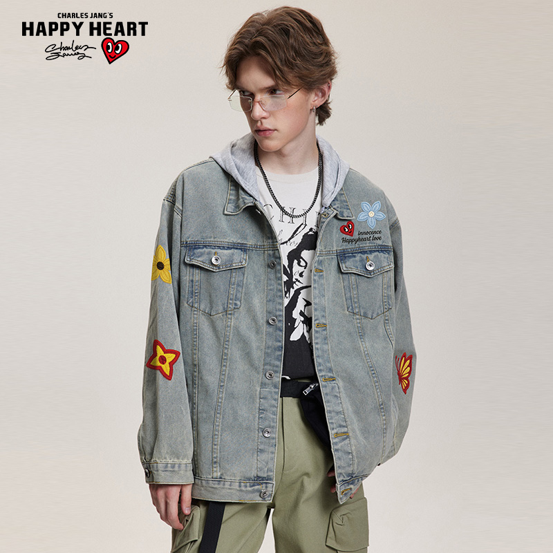 查尔斯桃心 美式复古仿刺绣蝴蝶牛仔外套男女春秋季休闲夹克外套 - 图1