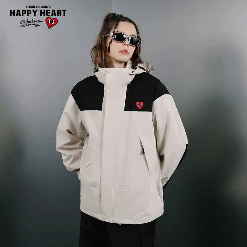 查尔斯桃心美式拼色冲锋衣男三合一户外登山防水防风连帽夹克外套