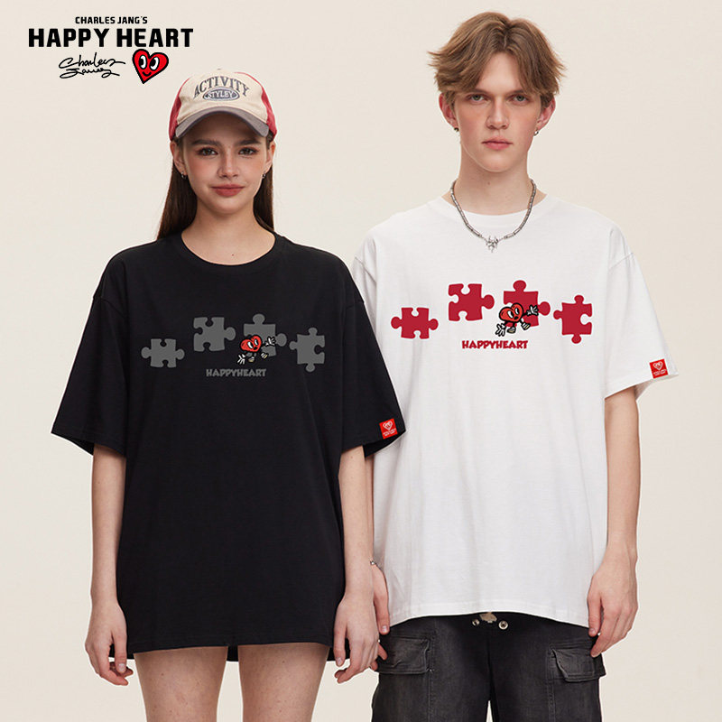 查尔斯桃心 2025年夏季新款拼图印花圆领纯棉休闲短袖t恤男女同款