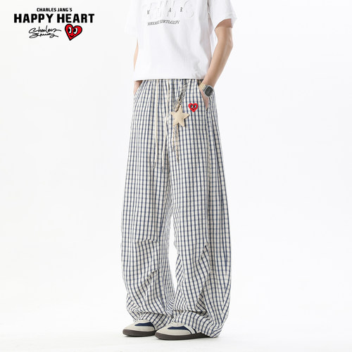 查尔斯桃心日系松弛感阔腿弯刀格子裤男女春夏季宽松垂感休闲长裤 - 图0