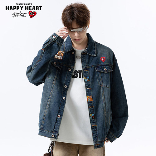 查尔斯桃心 美式复古刺绣牛仔外套男春秋季新款翻领百搭痞帅夹克 - 图2