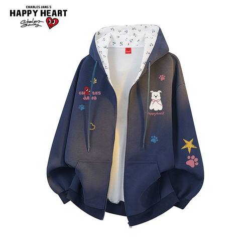 查尔斯桃心趣味印花开衫卫衣外套男女春秋季休闲运动连帽情侣上衣 - 图0