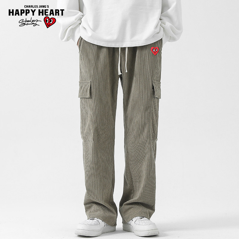 查尔斯桃心 灯芯绒休闲裤男2025春季垂感宽松多口袋工装阔腿长裤