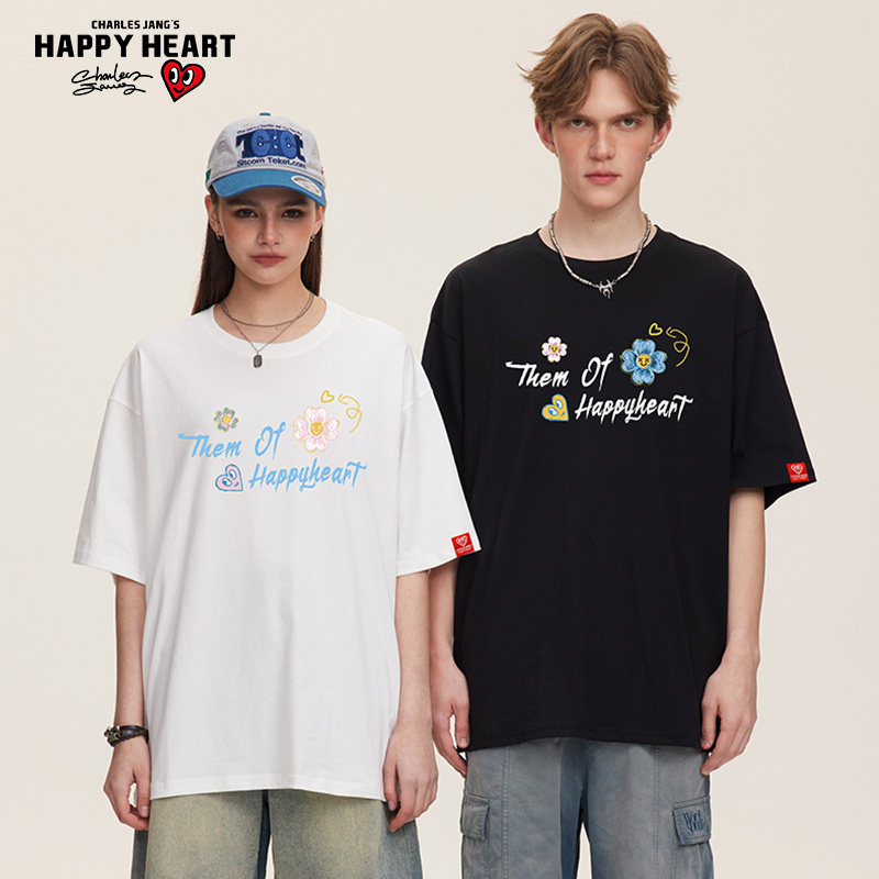 查尔斯桃心 花朵字母涂鸦印花纯棉圆领短袖T恤男夏季宽松休闲上衣