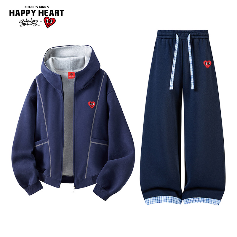 查尔斯桃心休闲套装男女春秋新款爱心刺绣连帽开衫卫衣卫裤一整套 - 图1