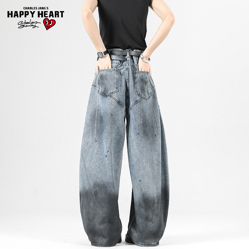 查尔斯桃心 渐变泼墨弯刀牛仔裤男美式春秋季潮牌vibe宽松阔腿裤