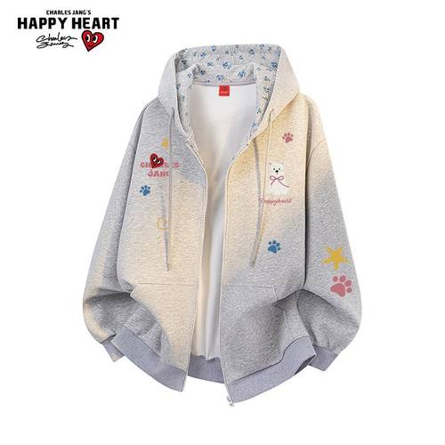 查尔斯桃心趣味印花开衫卫衣外套男女春秋季休闲运动连帽情侣上衣 - 图1