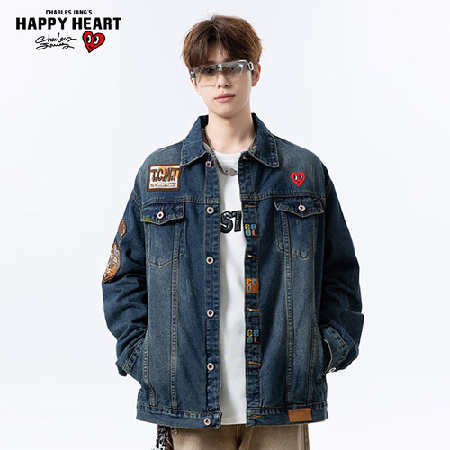 查尔斯桃心 美式复古刺绣牛仔外套男春秋季新款翻领百搭痞帅夹克 - 图1