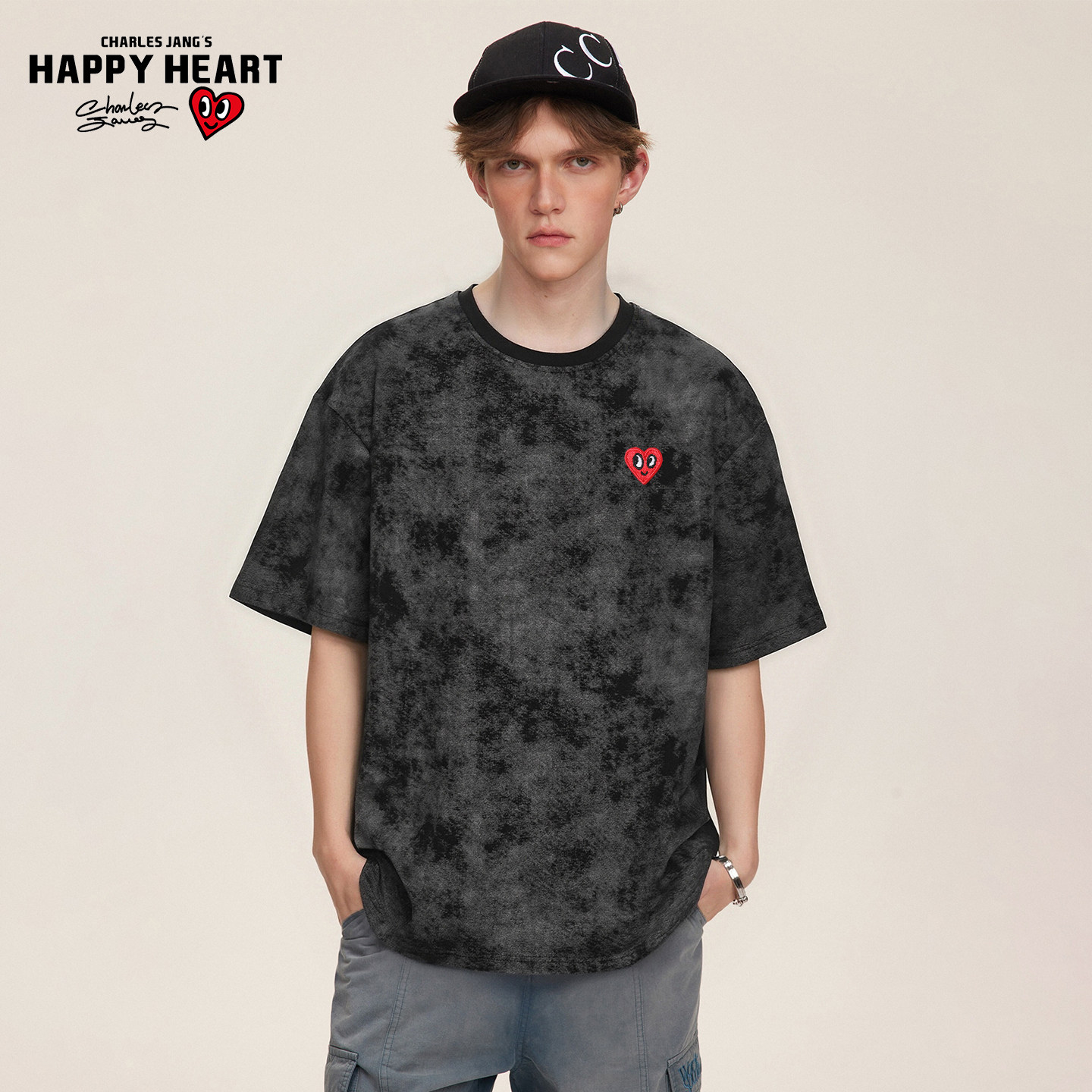 查尔斯桃心 短袖男爱心刺绣扎染t恤圆领宽松夏季2025新款潮流半袖