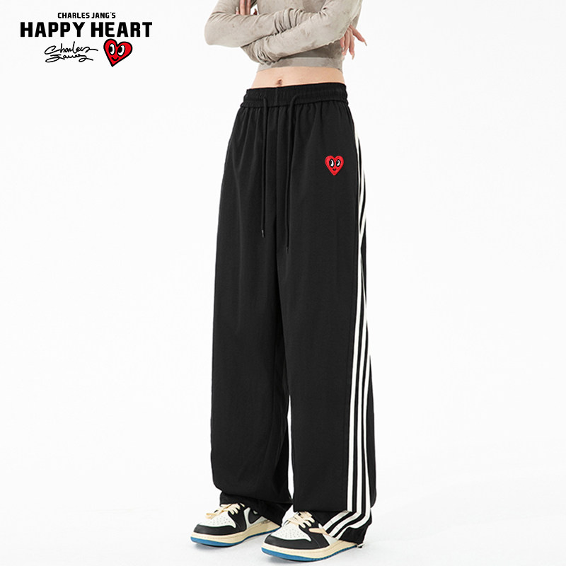 查尔斯桃心 春夏新款三条杠条纹休闲长裤男女同款直筒宽松裤子