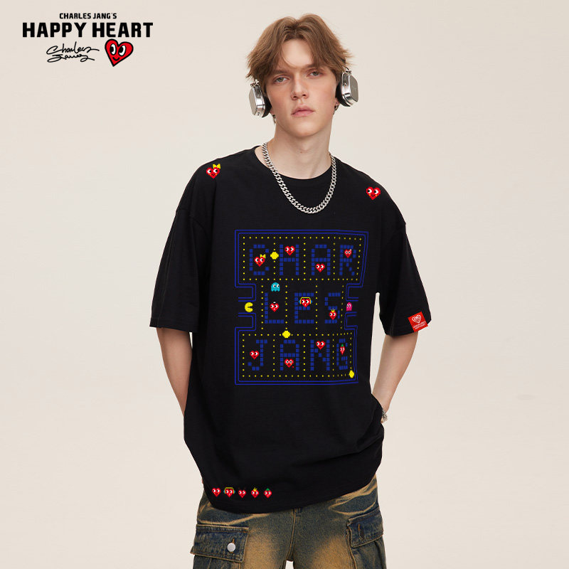 查尔斯桃心美式短袖t恤男卡通游戏字母印花纯棉圆领新款百搭上衣