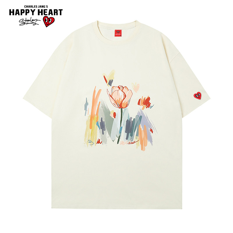 查尔斯桃心 短袖t恤男夏季宽松花朵印花2025新款爱心刺绣半袖衣服