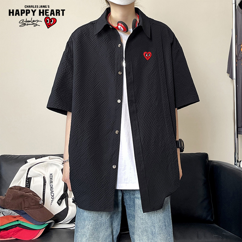 查尔斯桃心 复古纯色泡泡格短袖衬衫男夏季轻薄新款休闲衬衣外套