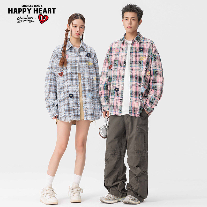 查尔斯桃心 复古格子衬衫男女同款长袖休闲宽松秋季百搭情侣外套