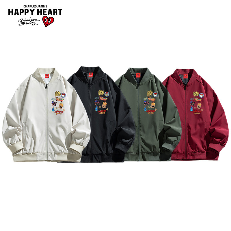 查尔斯桃心美式纸盒人勇士动漫印花棒球服夹克男秋冬男生高街外套