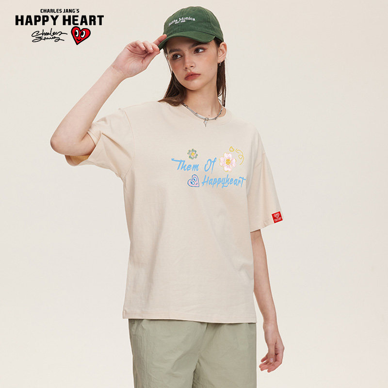 查尔斯桃心 花朵字母涂鸦印花纯棉圆领短袖T恤男夏季宽松休闲上衣