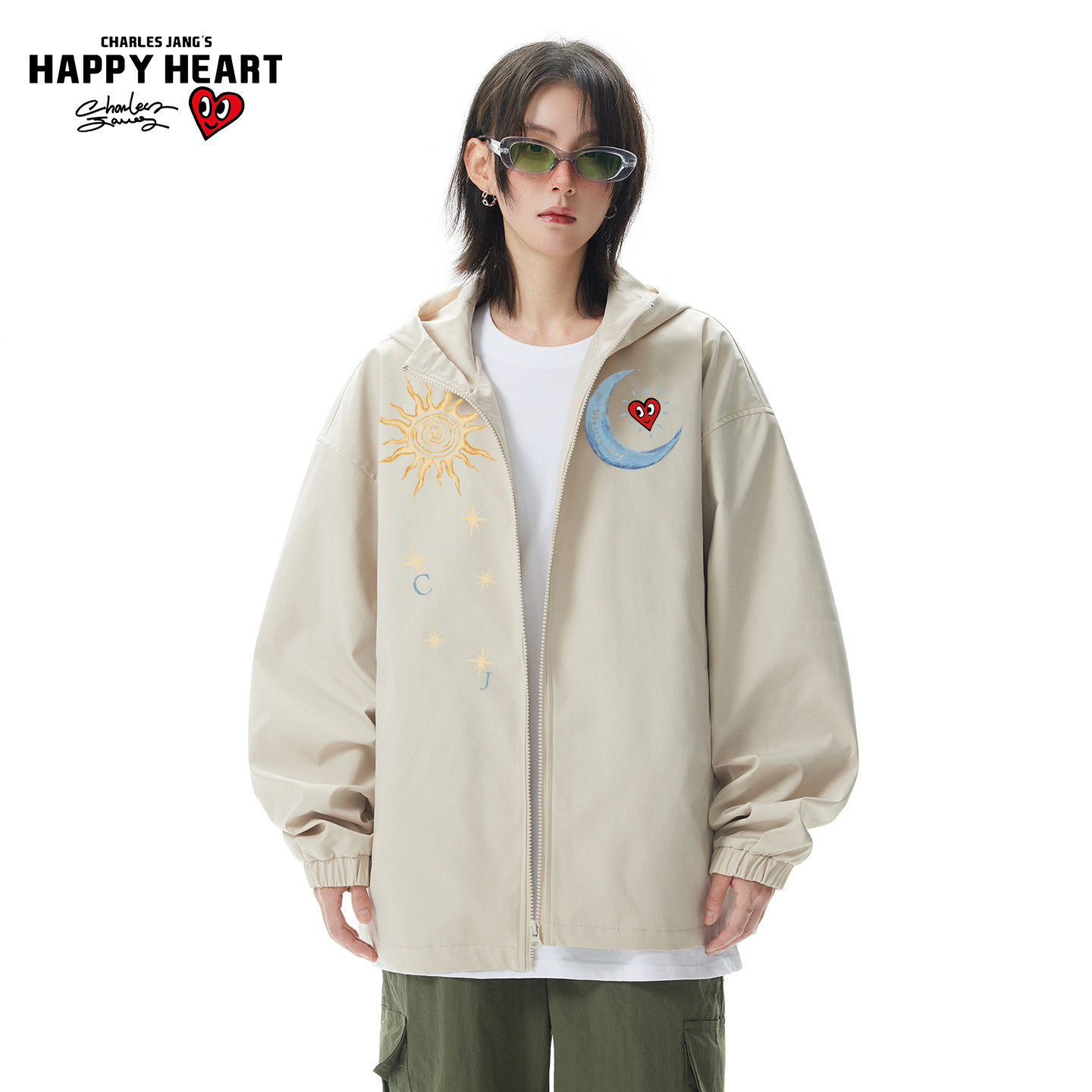 查尔斯桃心美式日月印花冲锋衣男春秋季户外防寒连帽情侣夹克外套