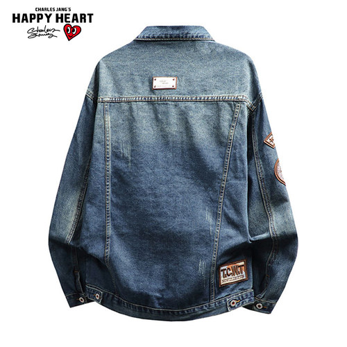 查尔斯桃心 美式复古刺绣牛仔外套男春秋季新款翻领百搭痞帅夹克 - 图0