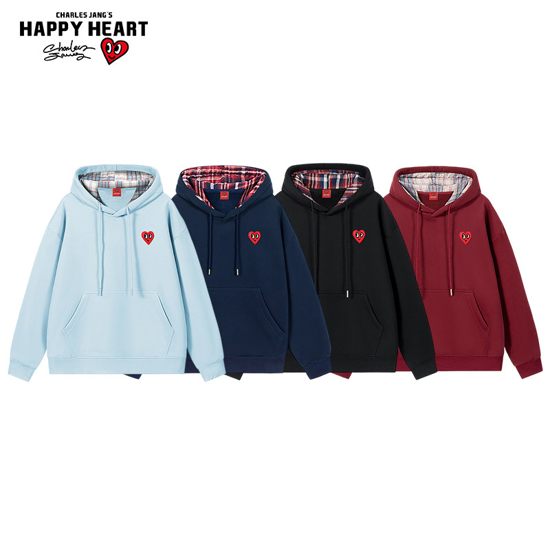 查尔斯桃心 美式格子袋鼠兜连帽卫衣男女春秋季新款休闲长袖外套