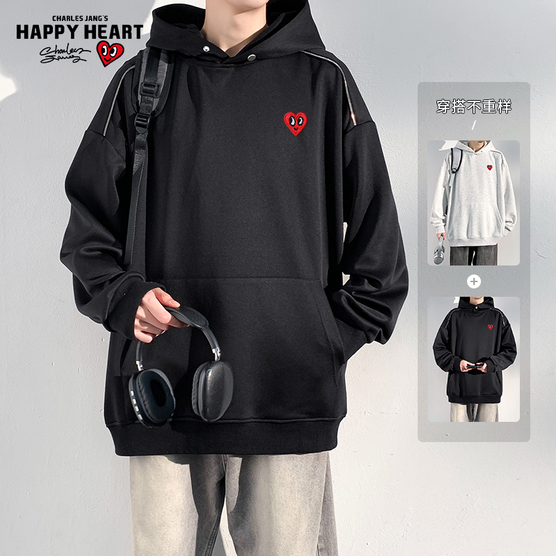 查尔斯桃心 美式cleanfit连帽卫衣男女春秋拉链宽松高街长袖上衣 - 图1