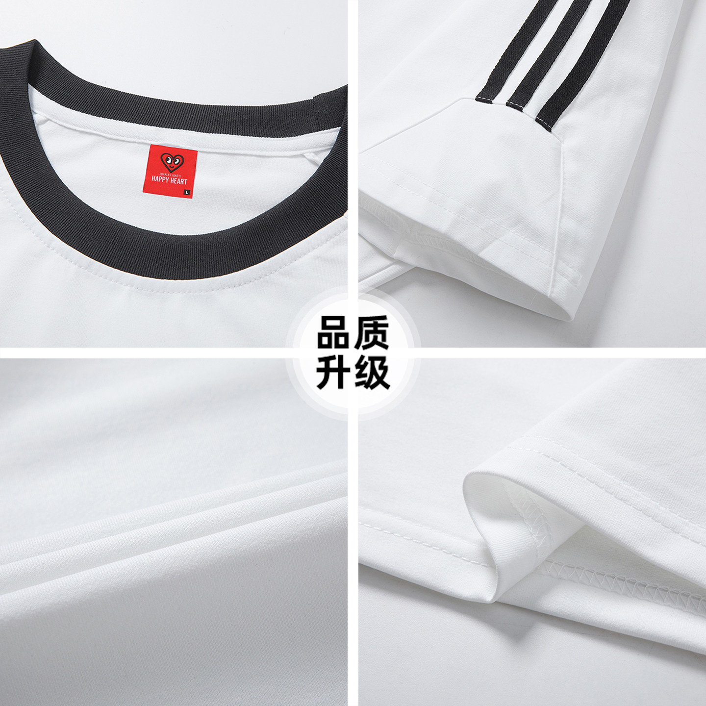 查尔斯桃心美式圆领短袖T恤男夏季拼色条纹涂鸦印花休闲情侣上衣