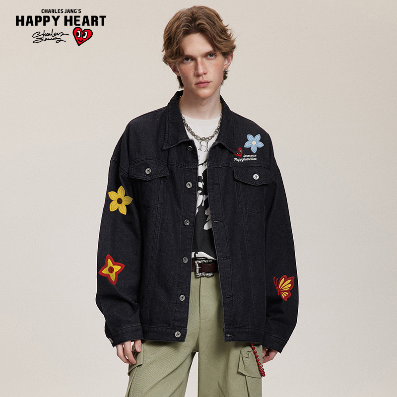 查尔斯桃心 美式复古仿刺绣蝴蝶牛仔外套男女春秋季休闲夹克外套 - 图2