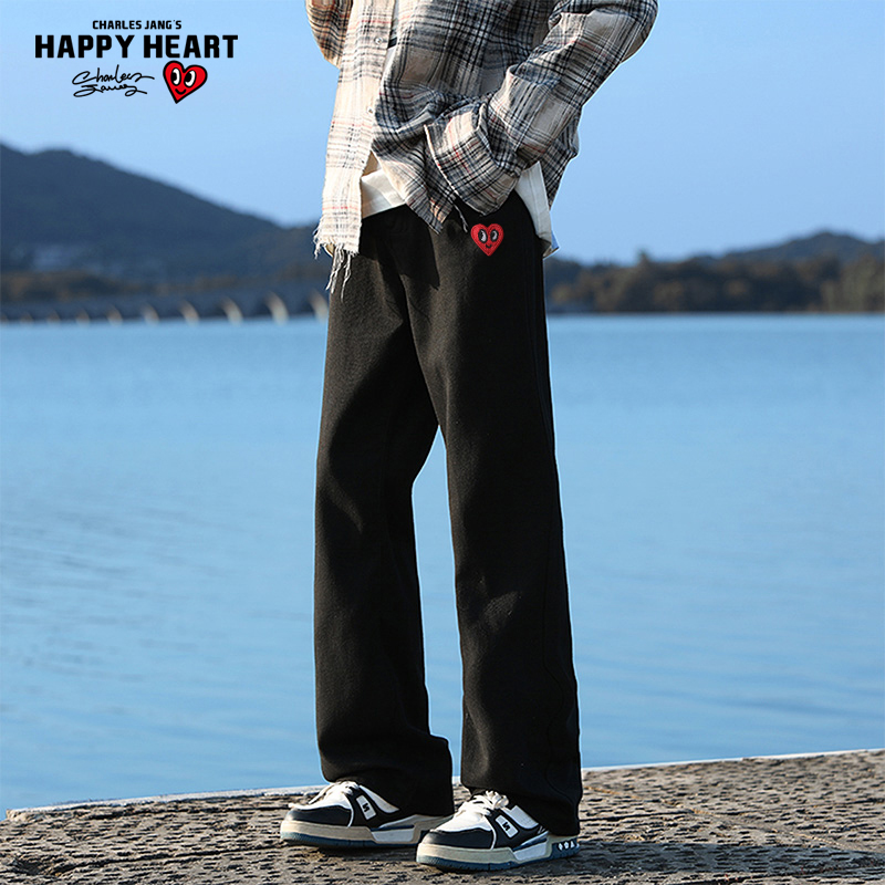 查尔斯桃心微喇弯刀牛仔裤男款美式高街直筒宽松2025新款休闲长裤