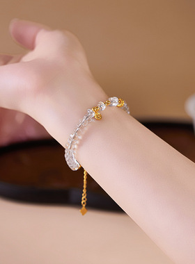 天然白水晶算盘串珠手串女纯银钱币小众高级感手饰送女朋友礼物