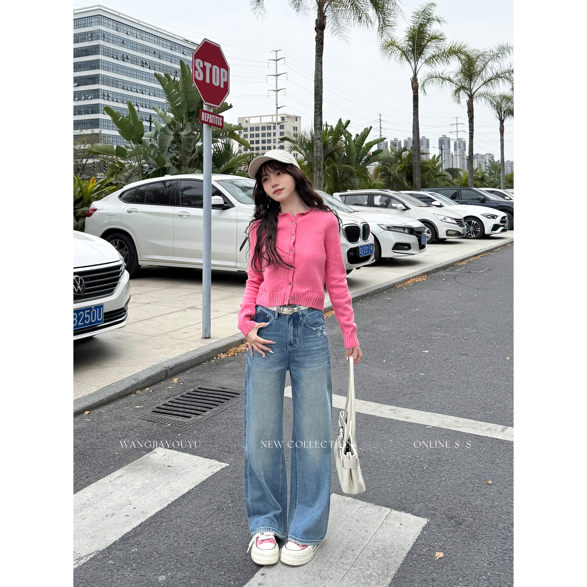 王家有鱼【小个子定制】2026早春复古蓝破洞阔腿裤女款百搭牛仔裤