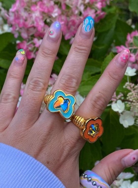 花花蝴蝶世界 Ins同品质趣味滴油锆石戒指 彩色土酷辣妹波浪指环