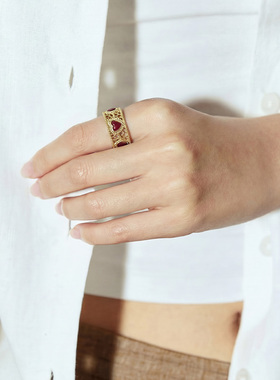 GOOGMO金色复古轻奢爱心戒指开口可调节叠戴食指戒高级感镂空指环