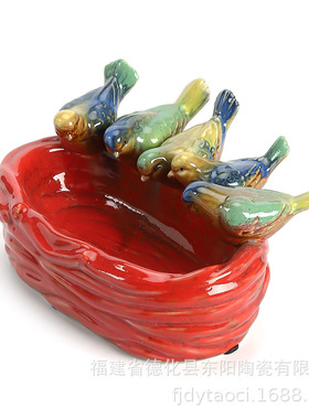 创意陶瓷工艺品果盘家用摆设瓷器摆件青瓷小鸟糖果盘水果茶盘