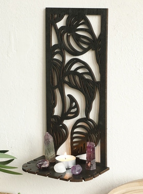 跨境新品黑色木质镂空树叶图案壁挂置物架简约家居装饰工艺品