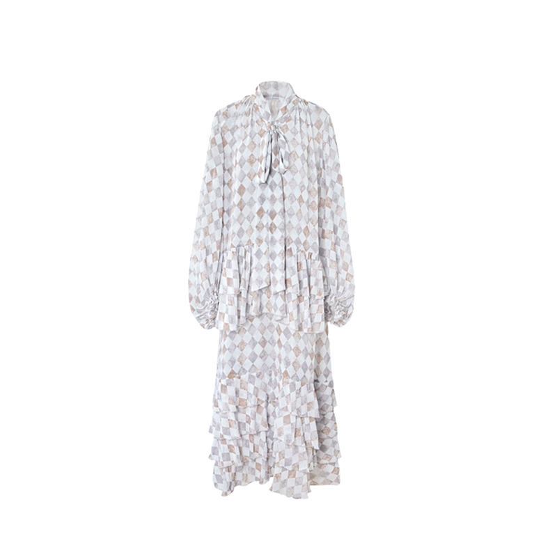 【Cello Sonata】hug 2025秋冬新款系带荷叶边长袖人丝蛋糕连衣裙