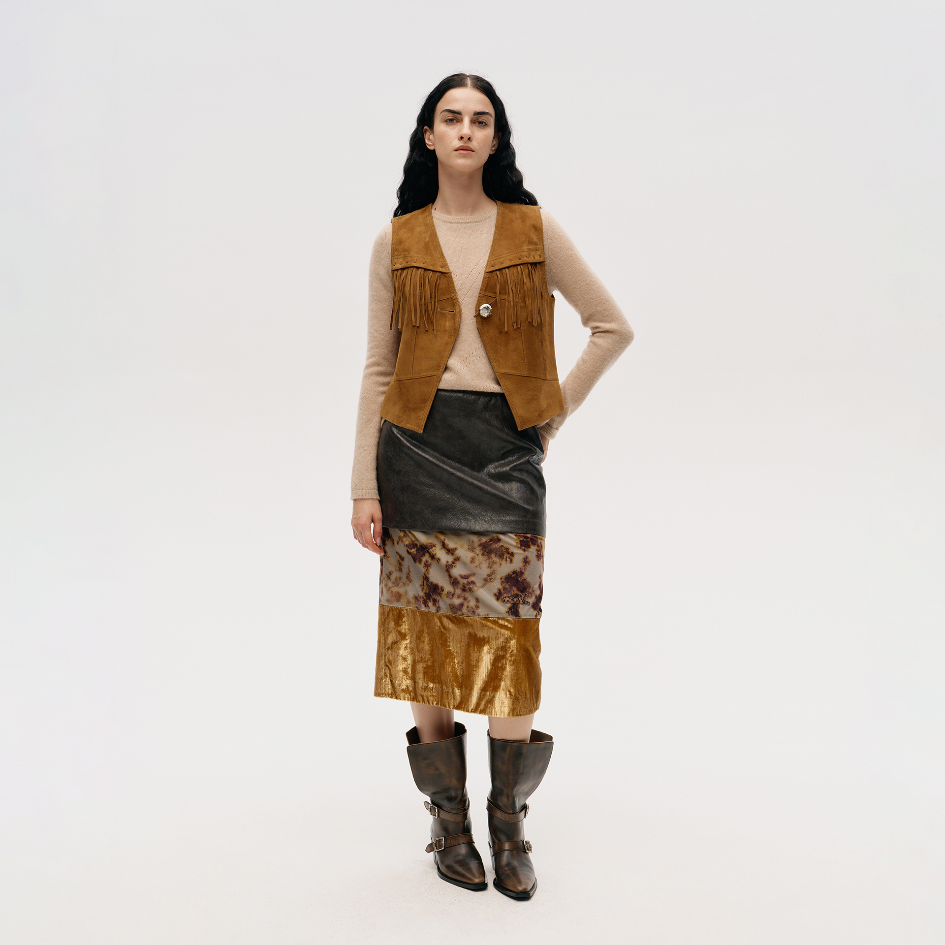 【ICE DUST】hug 2025秋冬新款金丝绒印花拼接皮裙icedust - 图2