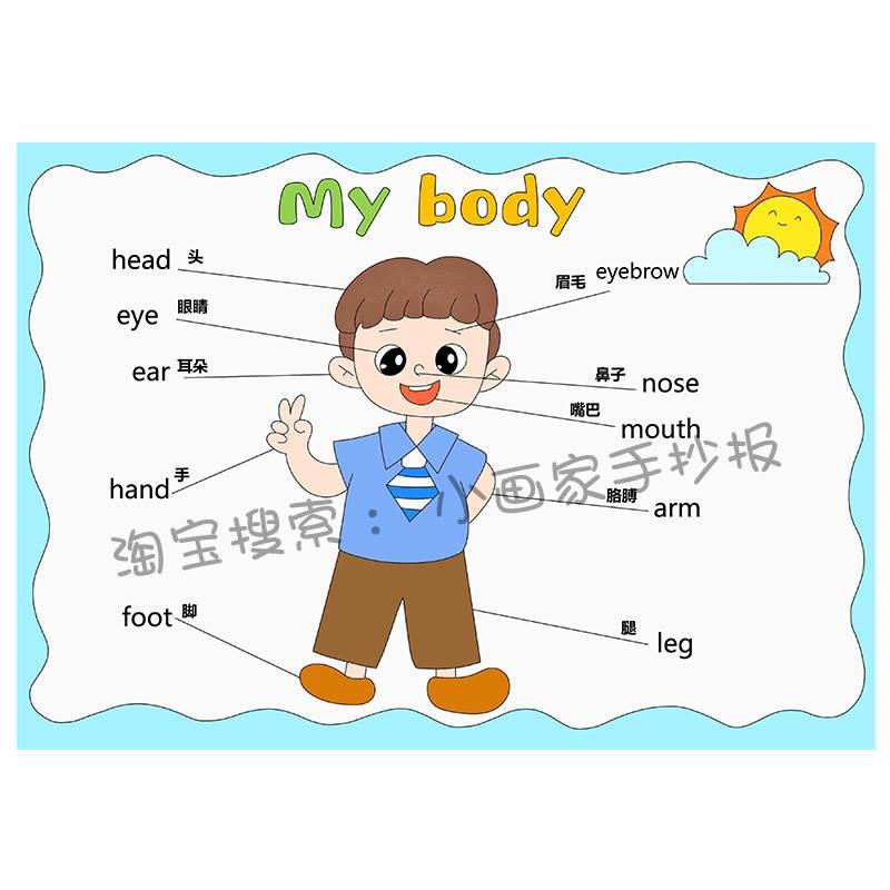 my body趣味英语手抄报儿童画模板小学生英文我的身体部位单词a4 - 图3