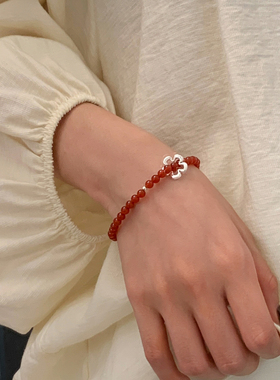 ACC红色玛瑙手链串珠925纯银小众
