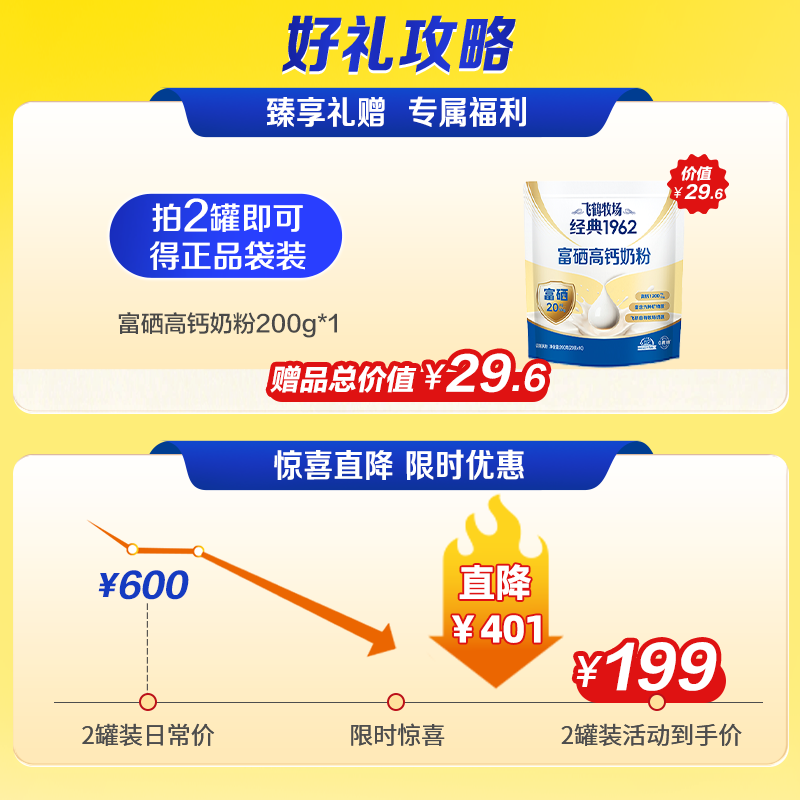 飞鹤旗舰店经典1962金装中老年高钙多维配方奶粉送礼营养品800g